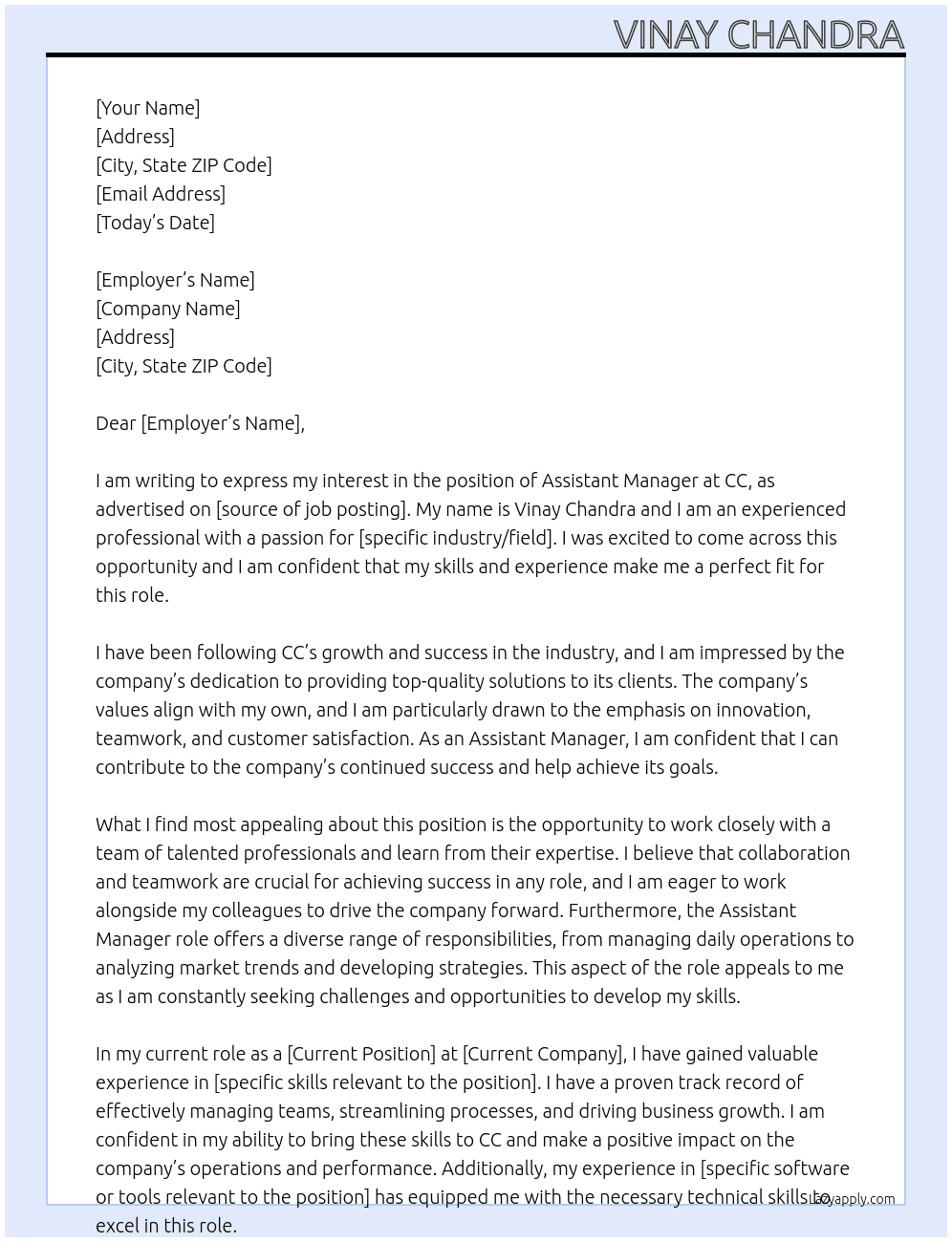 Assistant Manager At cc Cover Letter