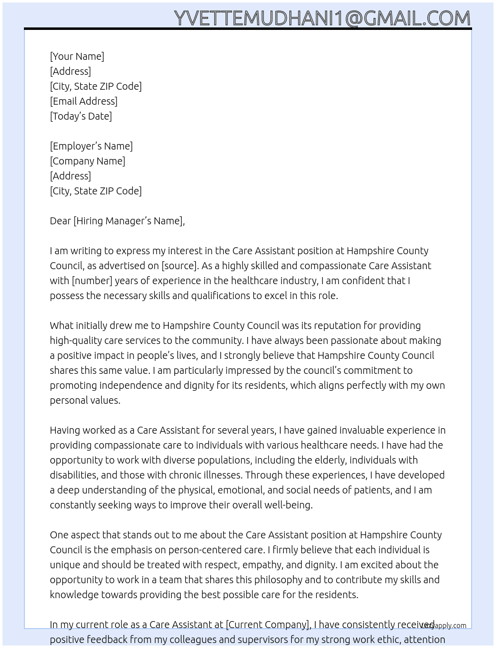 Care Assistant At Hampshire County Council Cover Letter