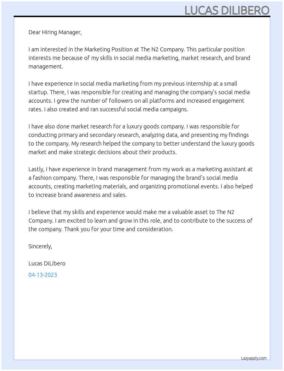 Marketing Position At The N2 Company Cover Letter
