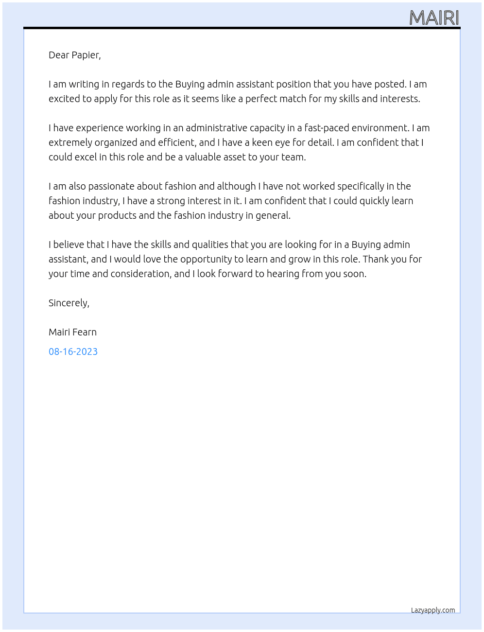 Buying admin assistant At Papier Cover Letter