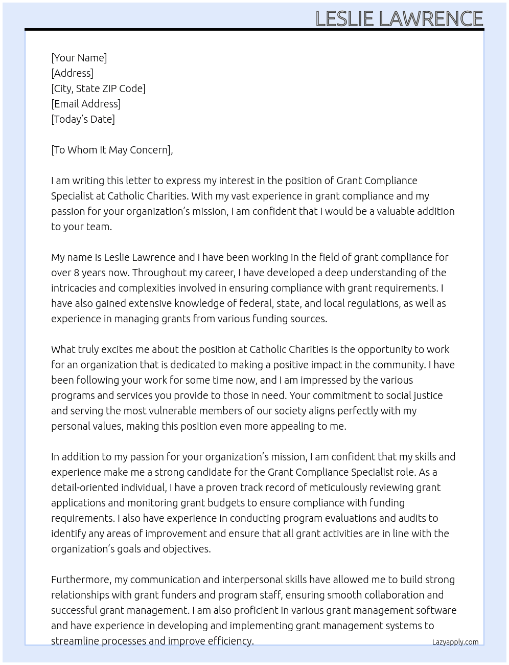 Grant Compliance Specialist At Catholic Charities Cover Letter