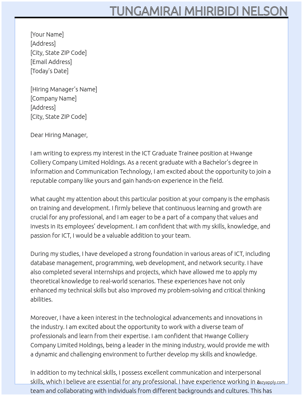 ICT Graduate Trainee At Hwange Colliery Company Limited Holdings Cover Letter