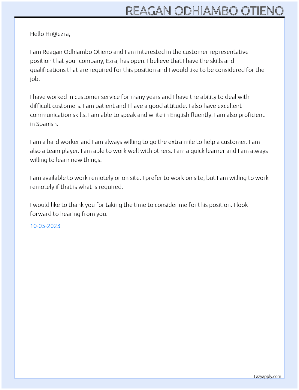 Customer representative  At Ezra Cover Letter