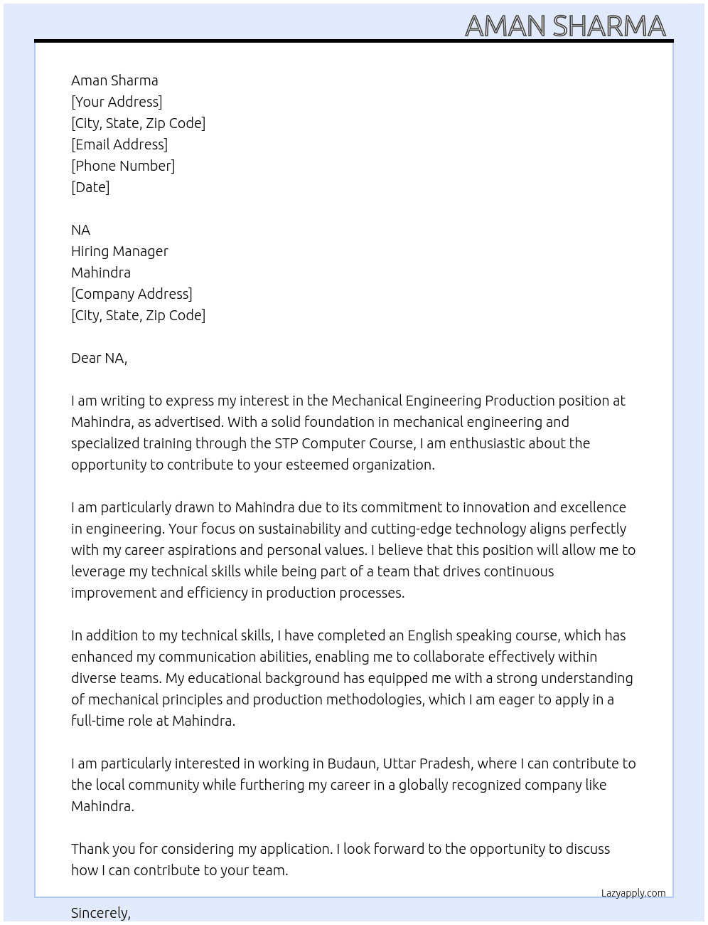 Cover letter for mechanical engineering production - LazyApply