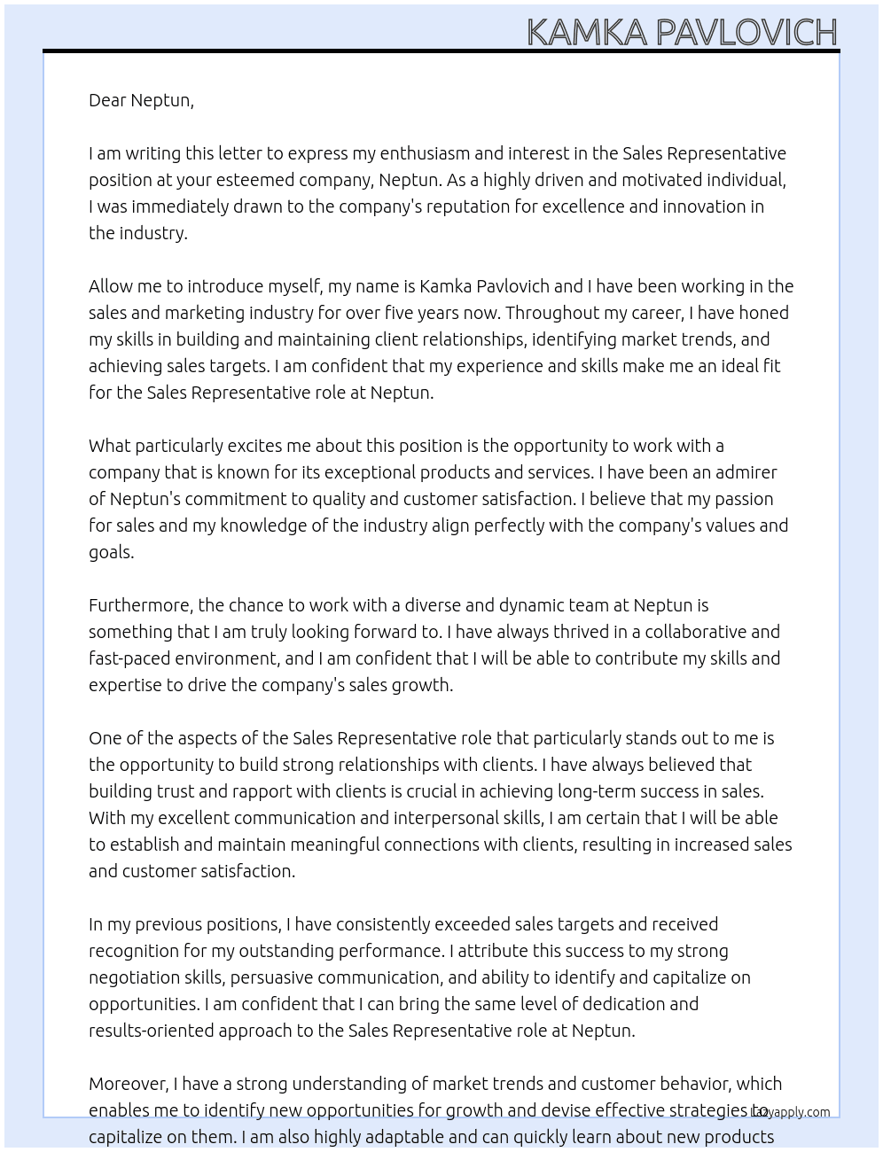 Sales representative  At Neptun Cover Letter