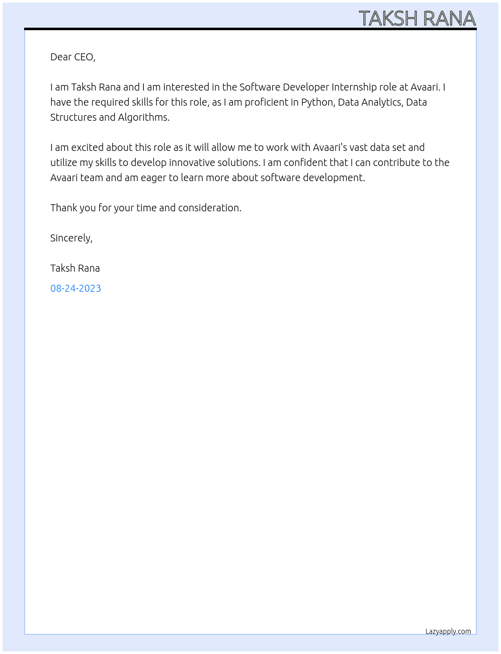 Software Developer At Avaari Cover Letter