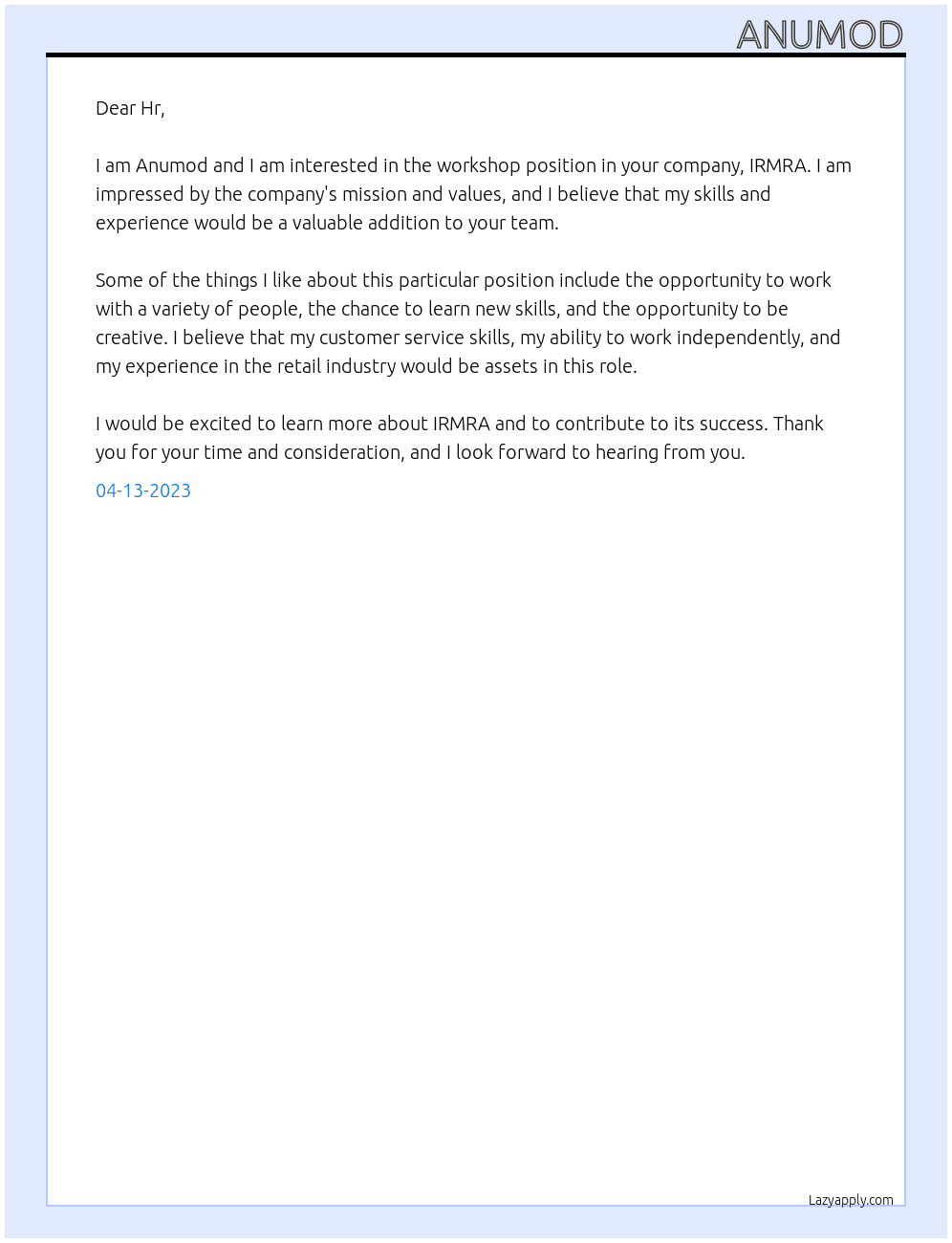 For Workshop  At IRMRA Cover Letter