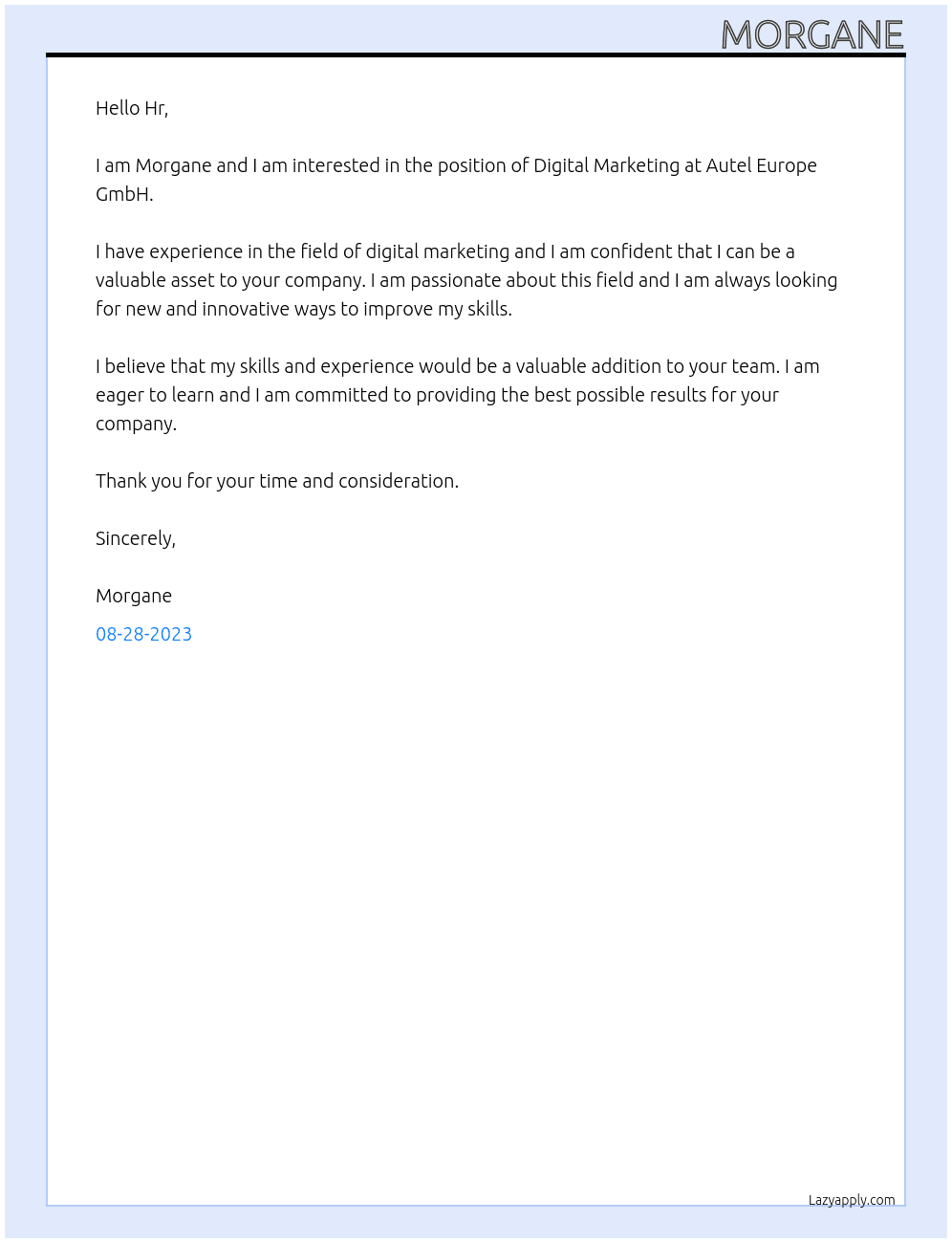 Digital marketing At Autel Europe GmbH Cover Letter