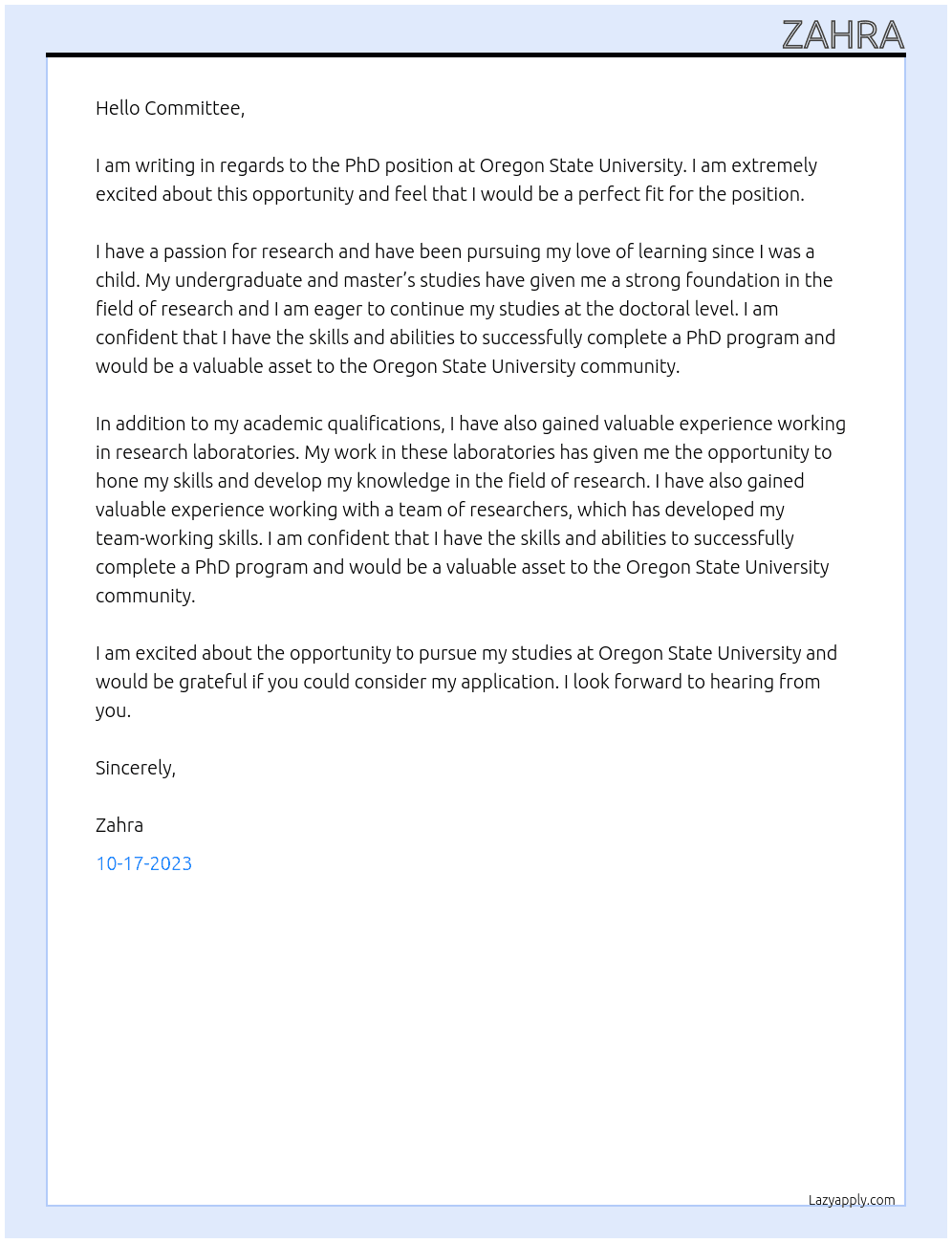 Phd  At Orgon state university Cover Letter