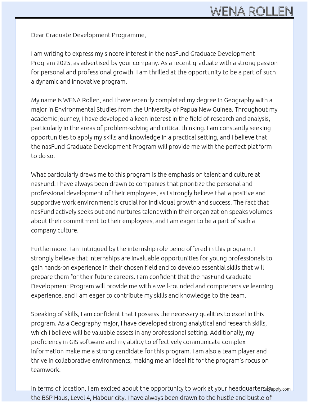 nasFund Graduate Development Program 2025 At nasFund  Cover Letter