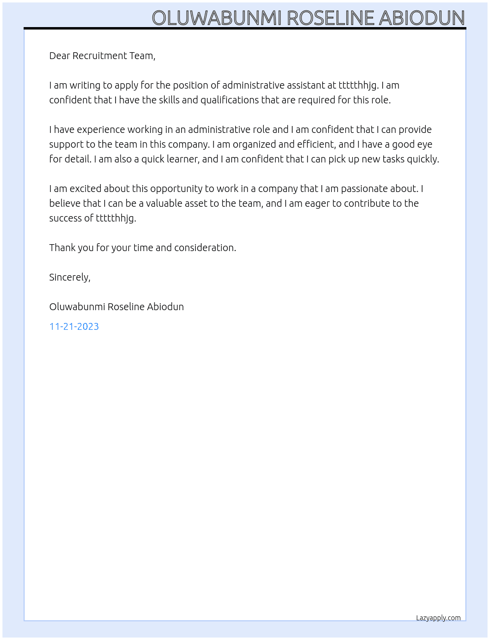 administrative assistant At ttttthhjg Cover Letter