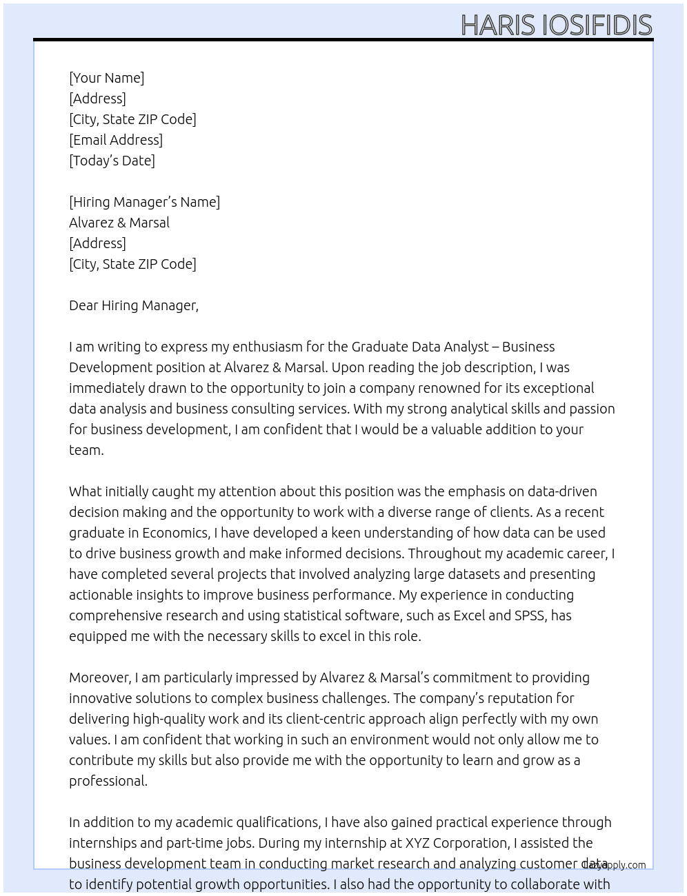 Graduate Data Analyst - Business Development At Alvarez & Marsal Cover Letter