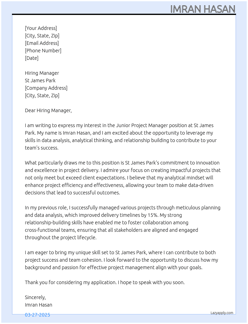 Junior Project Manager At St James park Cover Letter