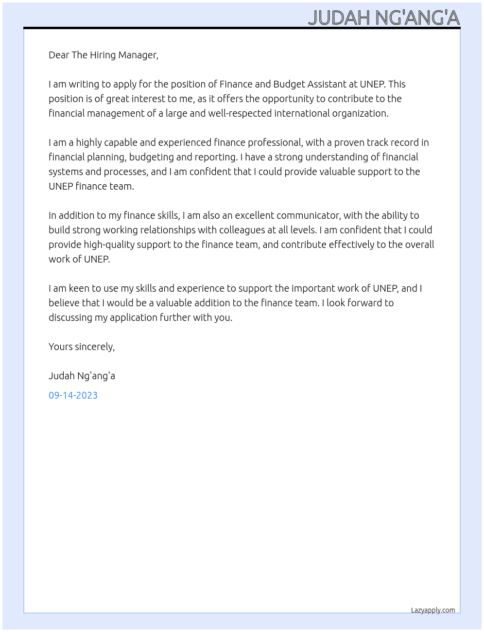 FINANCE AND BUDGET ASSISTANT At UNEP Cover Letter