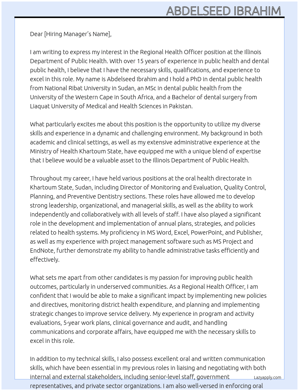 Regional Health Officer (Senior Public Service Administrator At Illinois Department of Public Health  Cover Letter