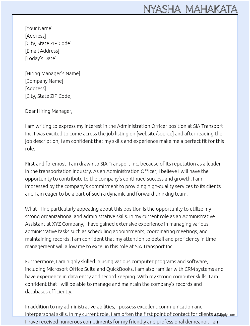 Administration Officer At SIA TRANSPORT INC Cover Letter