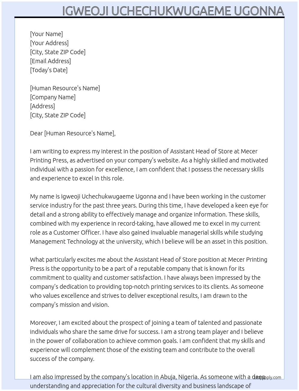 Assistant head of store At Mecer printing press Cover Letter