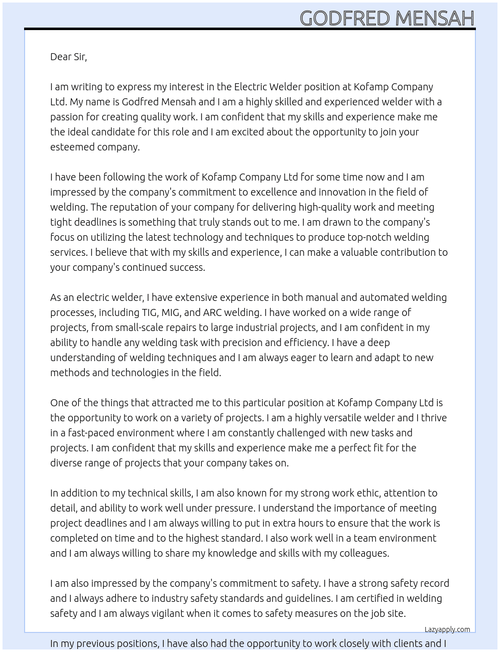 Cover letter for electric welder - LazyApply