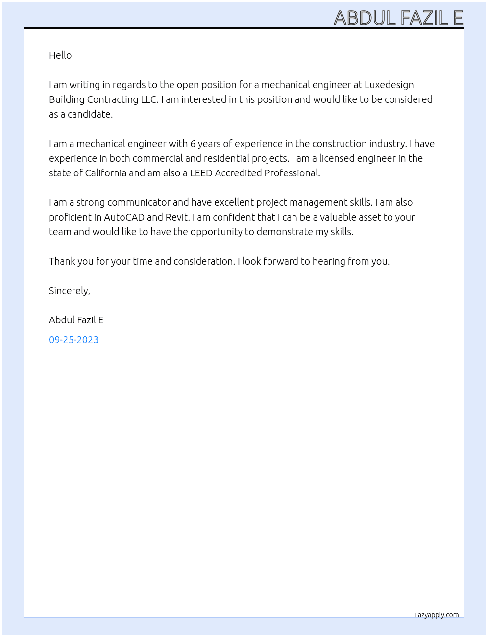 mechanical engineering At Luxedesign Building Contracting LLC Cover Letter