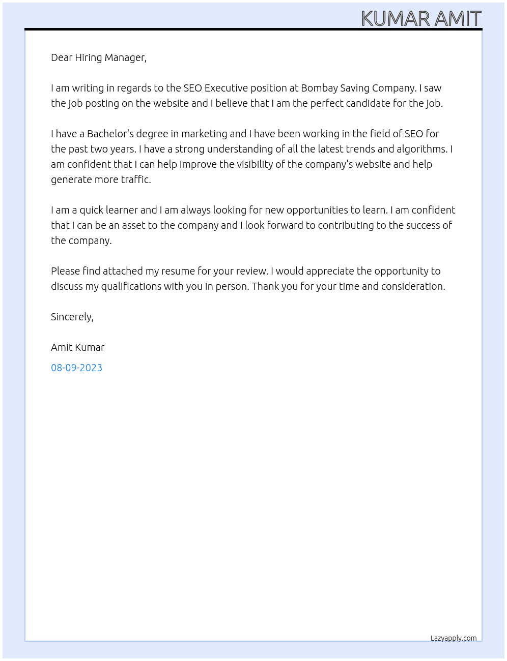 seo excutive At Bombay saving company Cover Letter