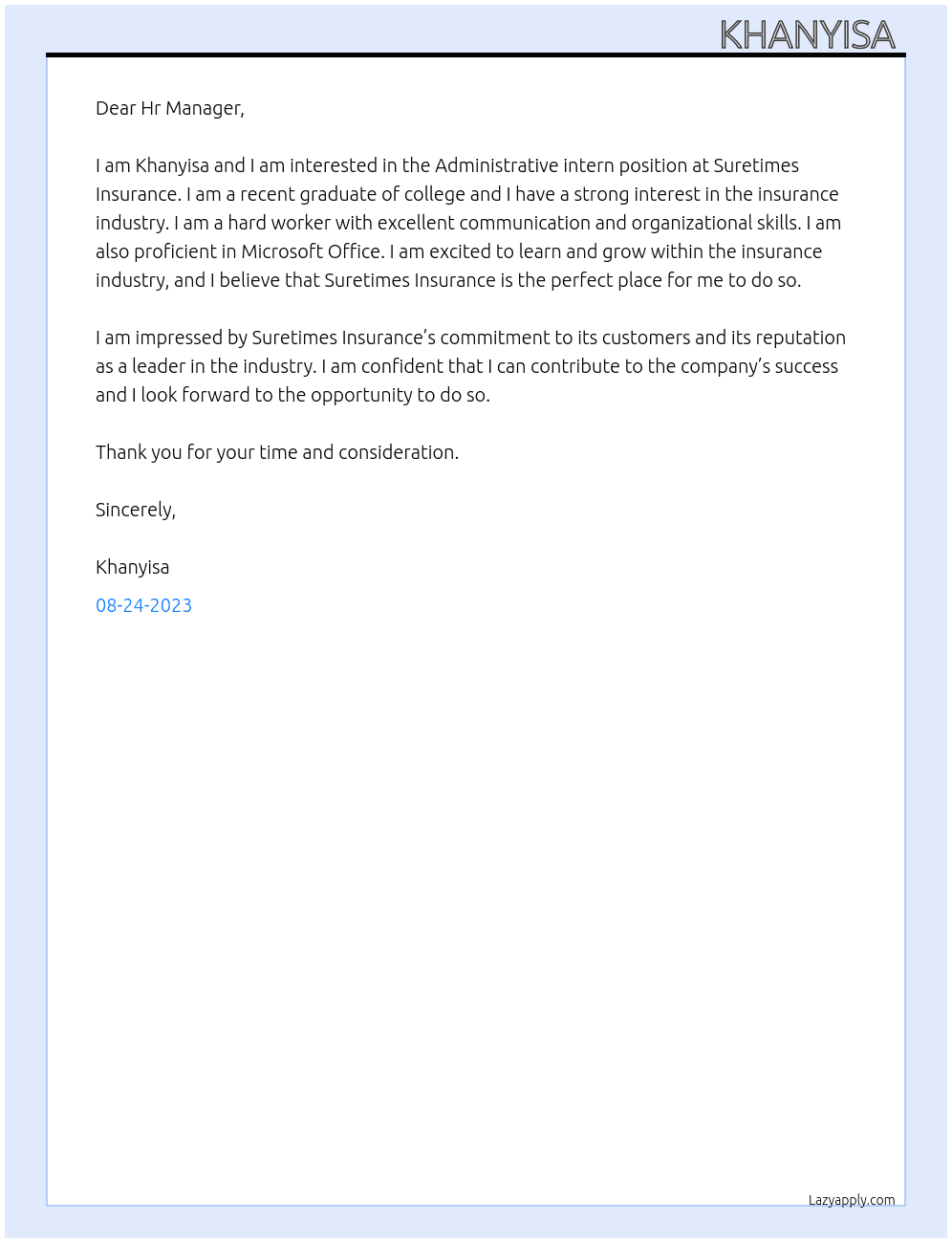 Administrative intern  At Suretimes Insurance  Cover Letter