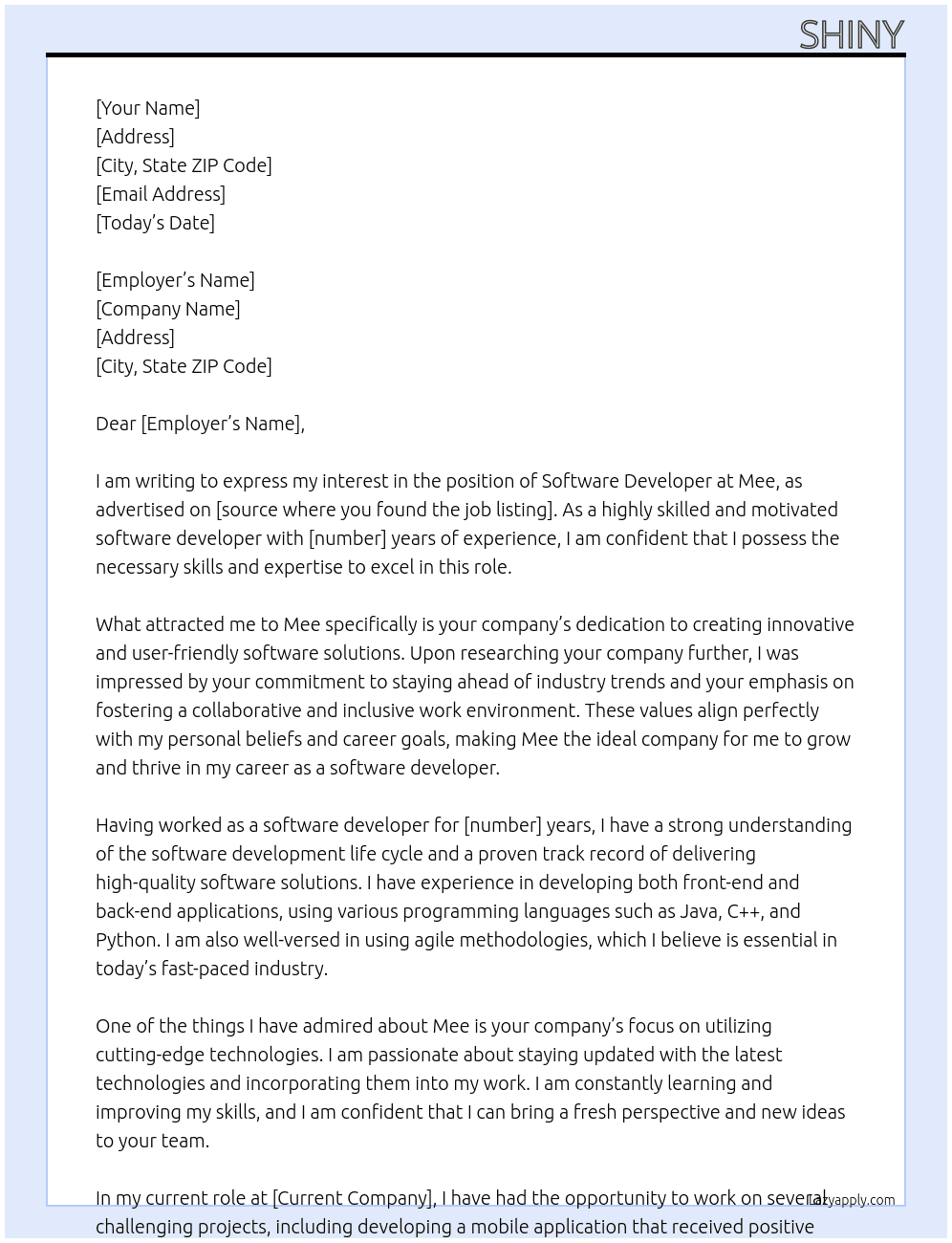 software developer At Mee Cover Letter