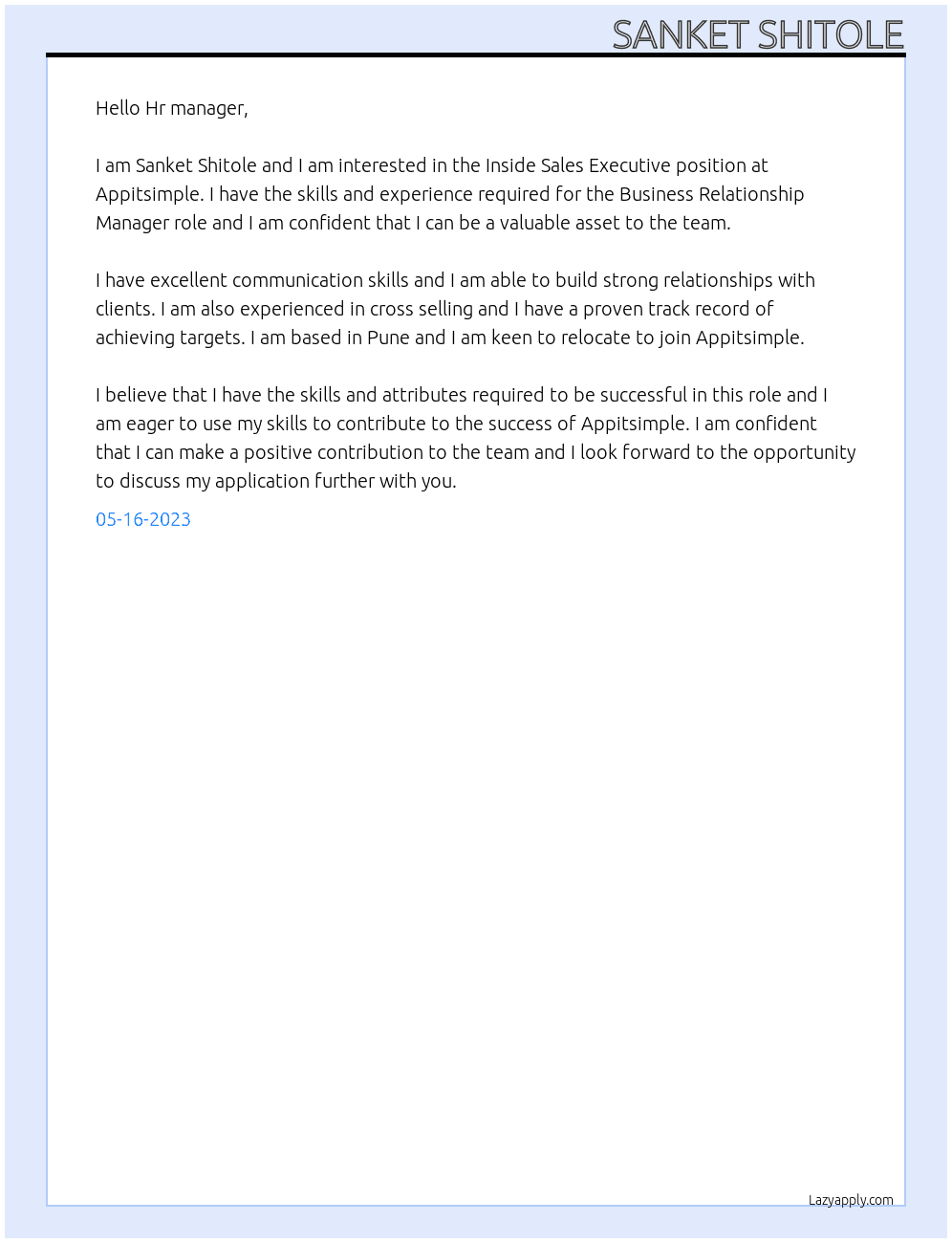 Inside Sales Executive At Appitsimple Cover Letter