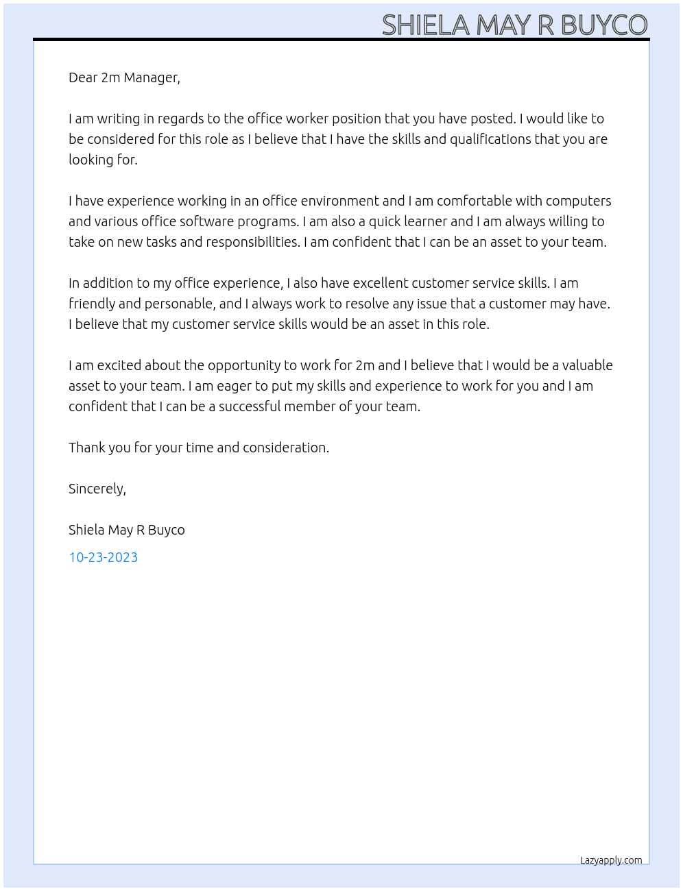 Office worker At 2m  Cover Letter