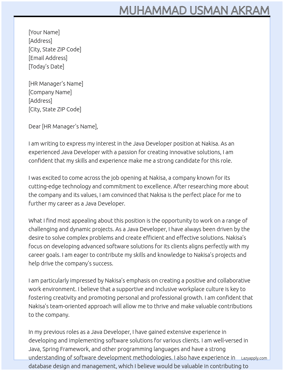 Java Developer At Nakisa Cover Letter