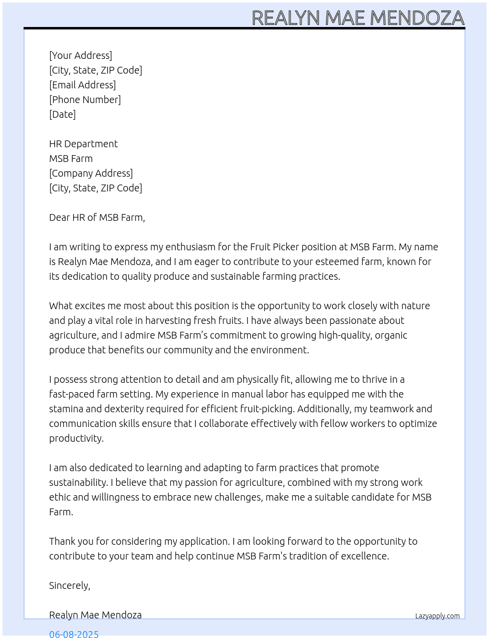 Fruit picker  At MSB Farm  Cover Letter