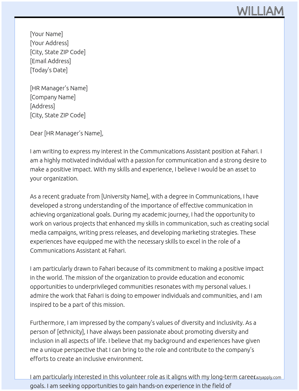 Communications Assistant  At Fahari Cover Letter