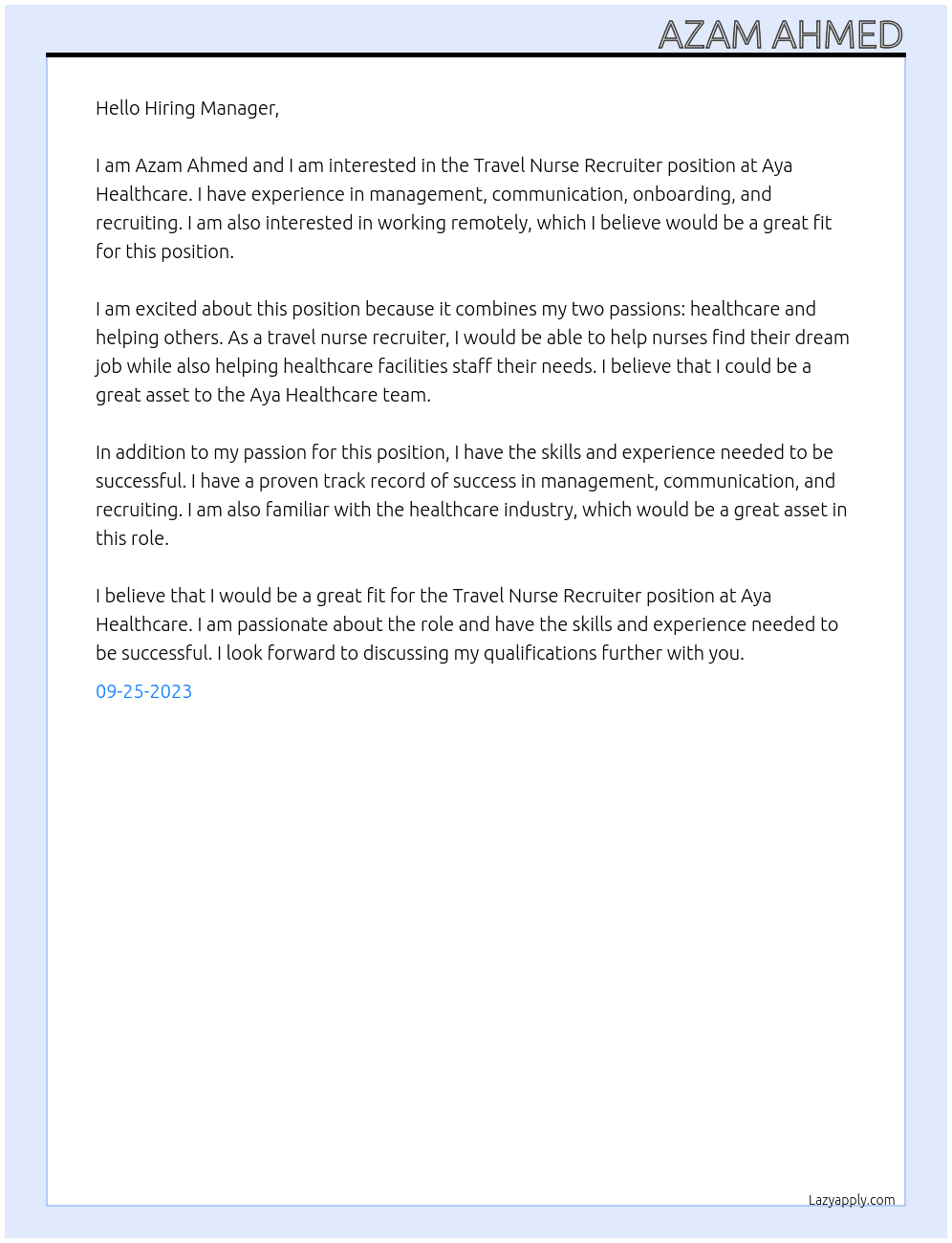 Travel Nurse Recruiter At Aya Healthcare Cover Letter