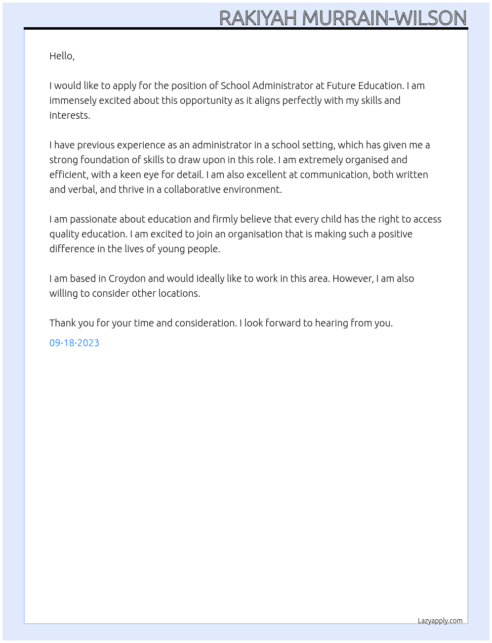 School Administrator At Future Education Cover Letter