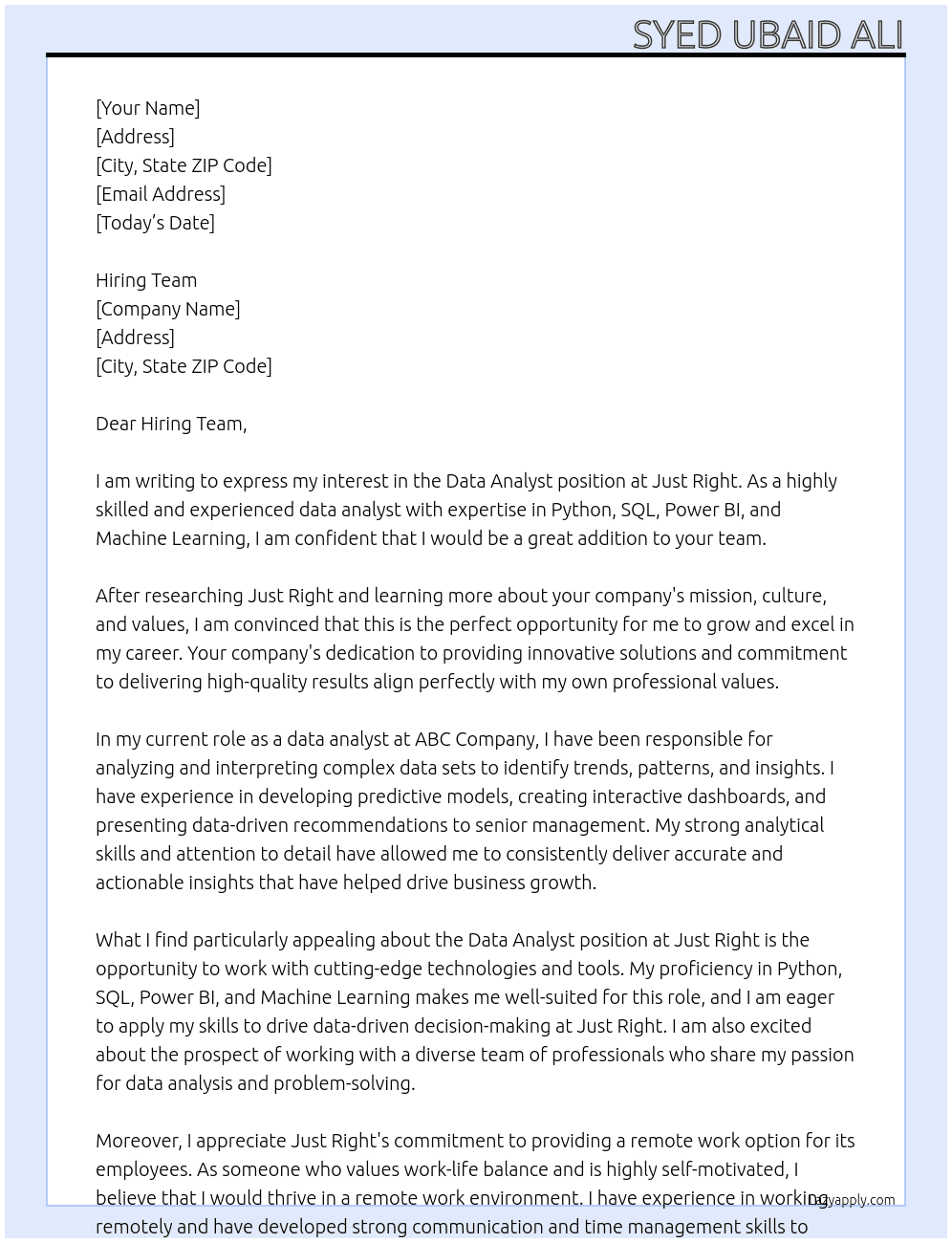 data analyst At Just right Cover Letter