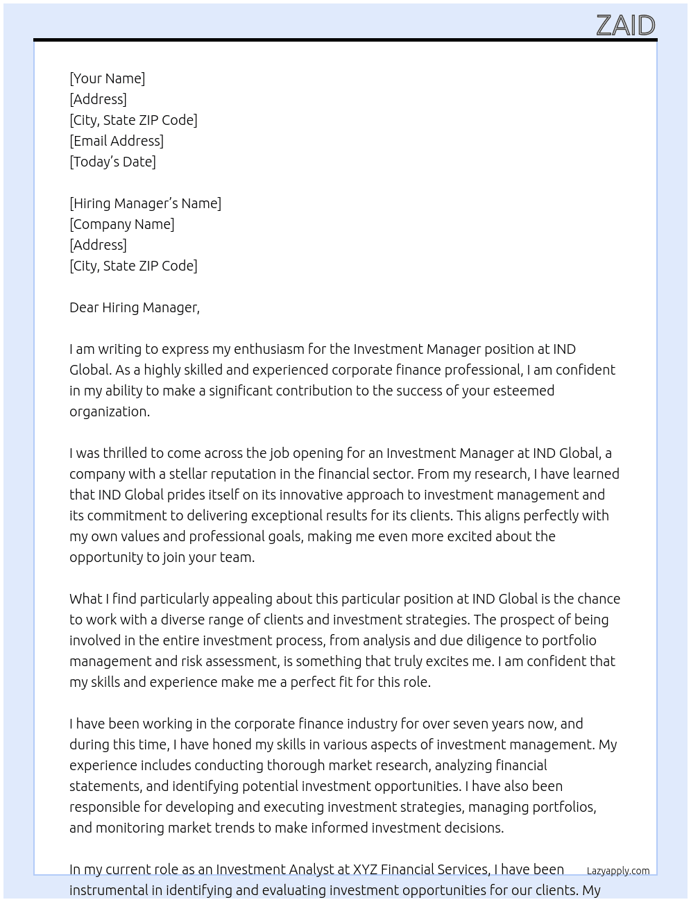 Investment Manager At IND Global Cover Letter