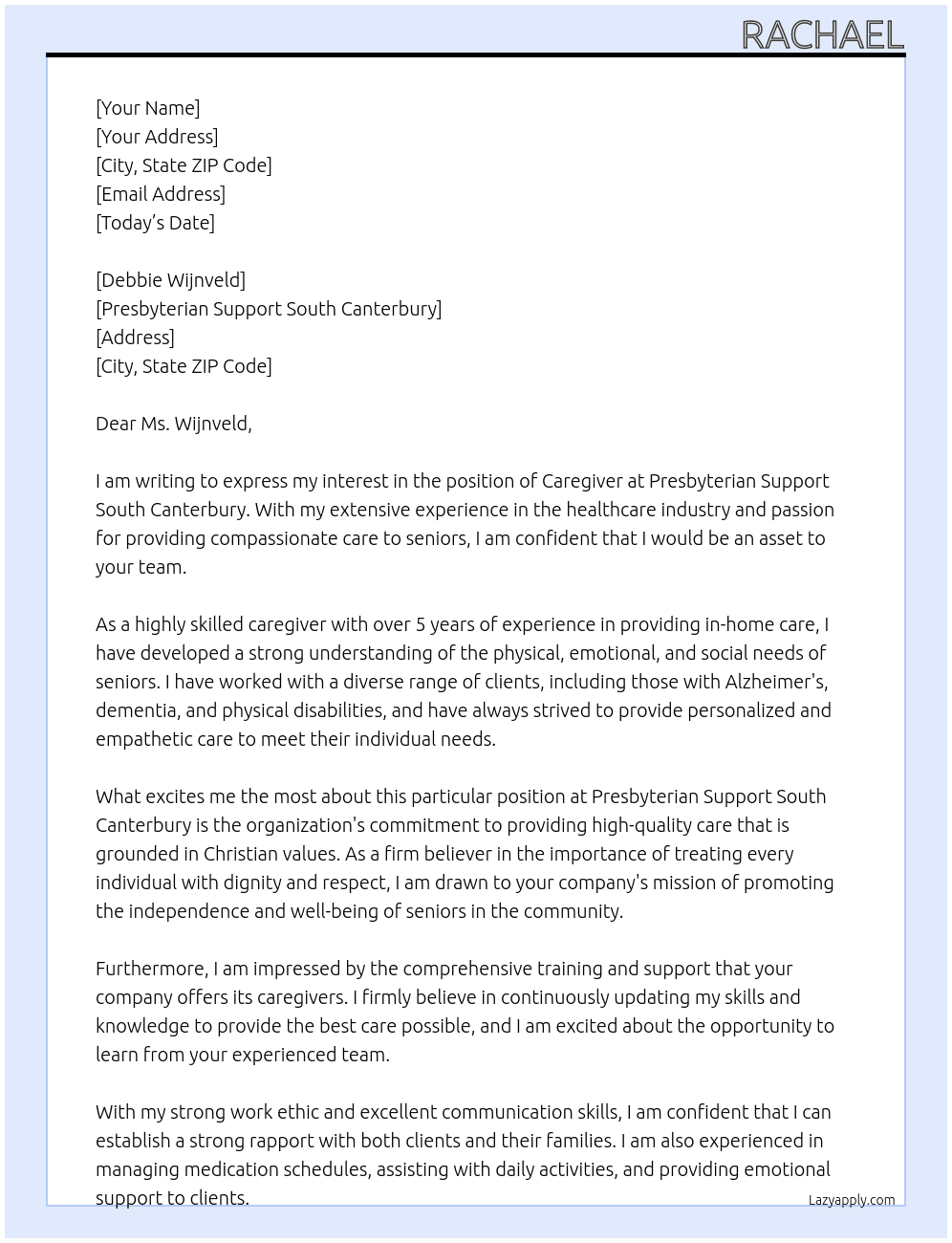 Caregiver At Presbyterian Support South Canterbury Cover Letter
