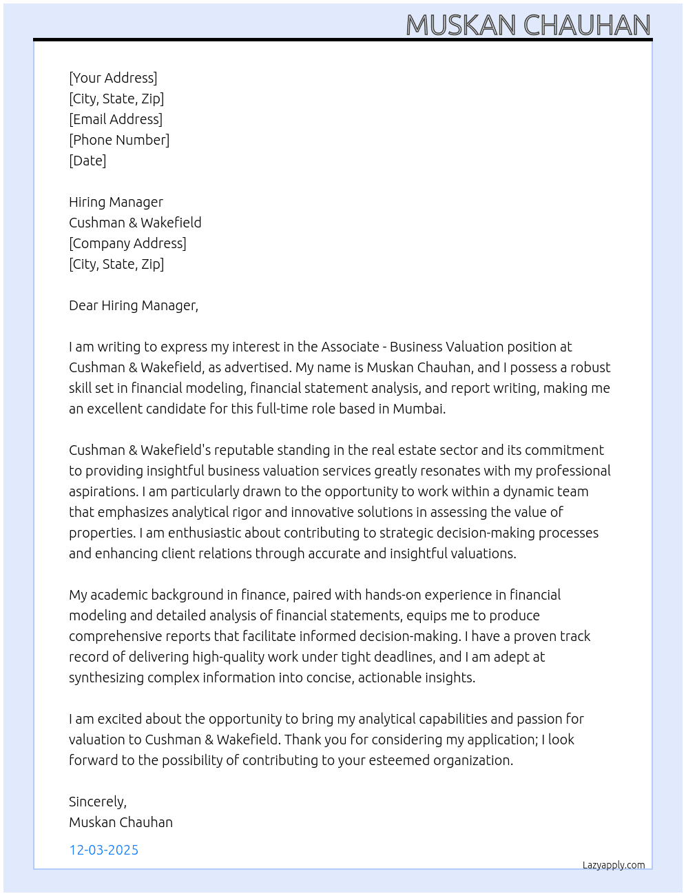 Associate - Business Valuation At Cushman & Wakefield Cover Letter
