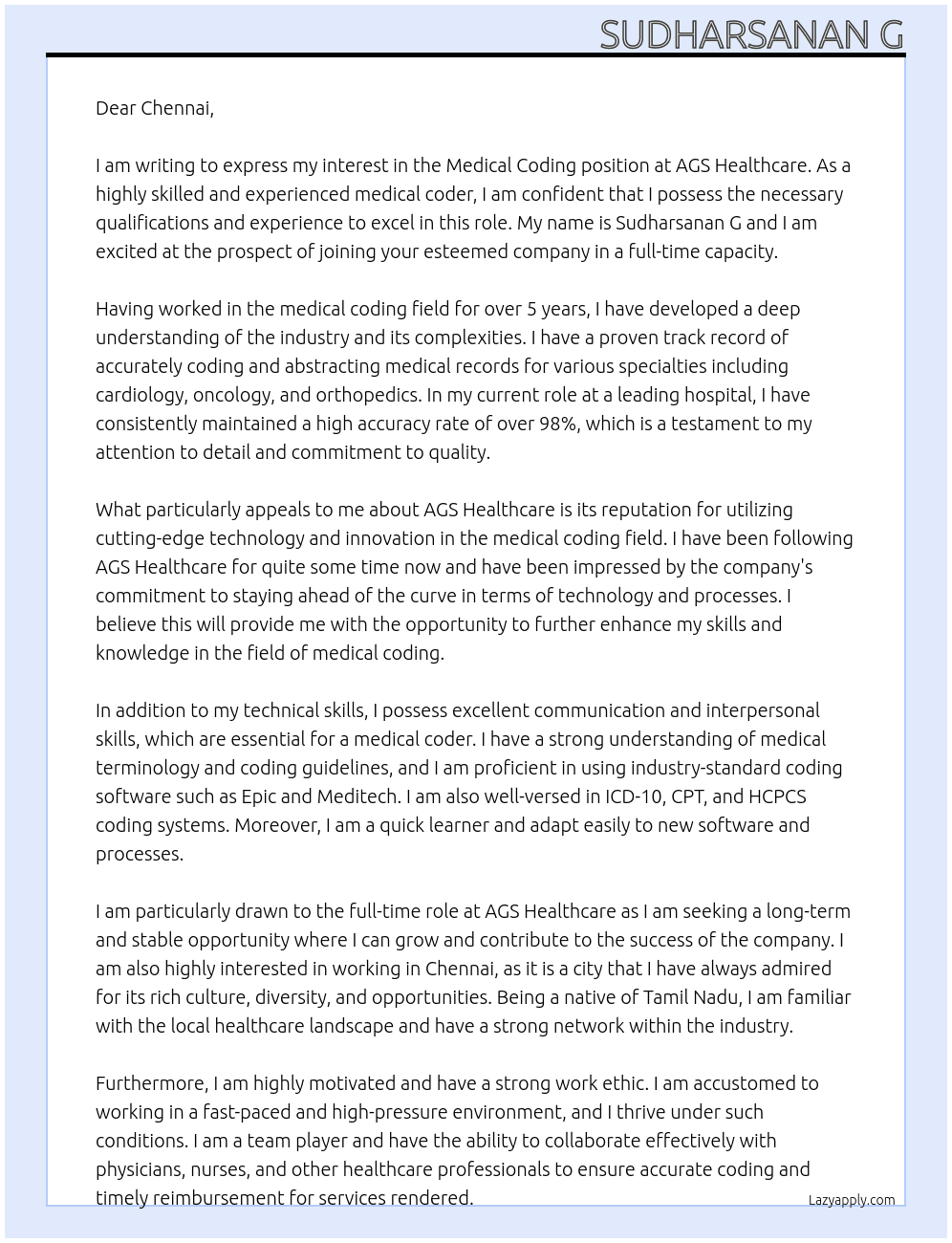 Medical coding  At AGS healthcare  Cover Letter