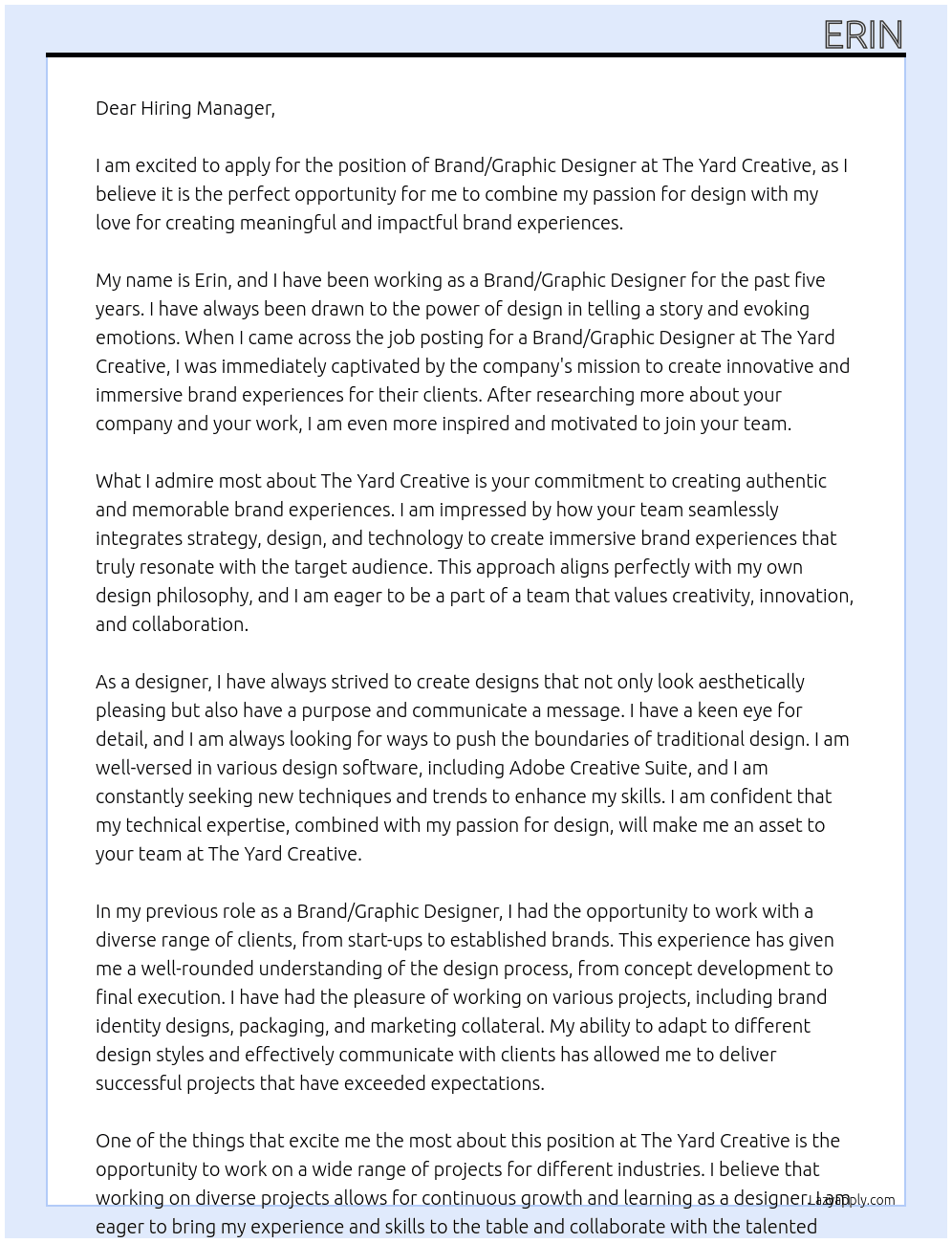 Brand/Graphic Designer At The Yard Creative Cover Letter