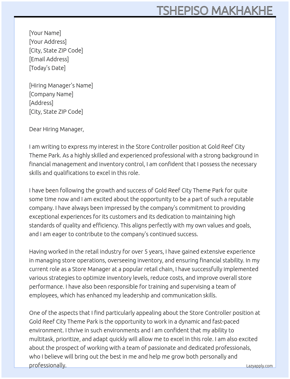 Store Controller  At Gold Reef City Theme Park  Cover Letter