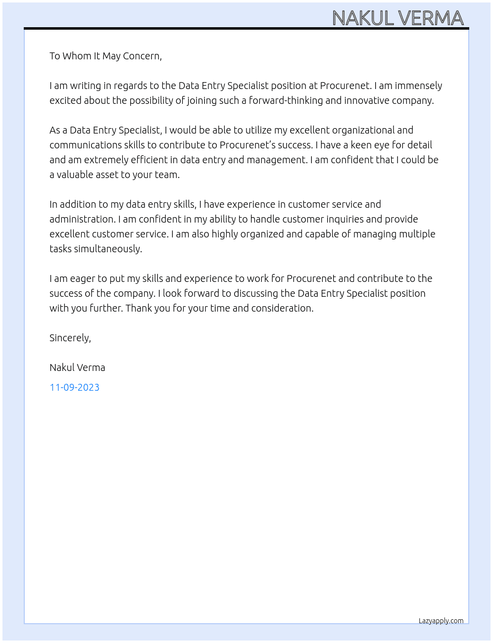 Data Entry Specialist  At Procurenet Cover Letter