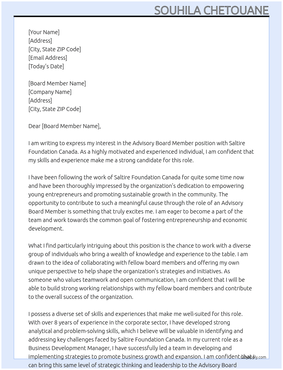 Advisory Board Member At Saltire Foundation Canada Cover Letter