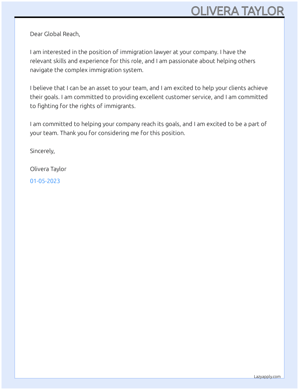 Immigration lawyer At Global Reach Cover Letter