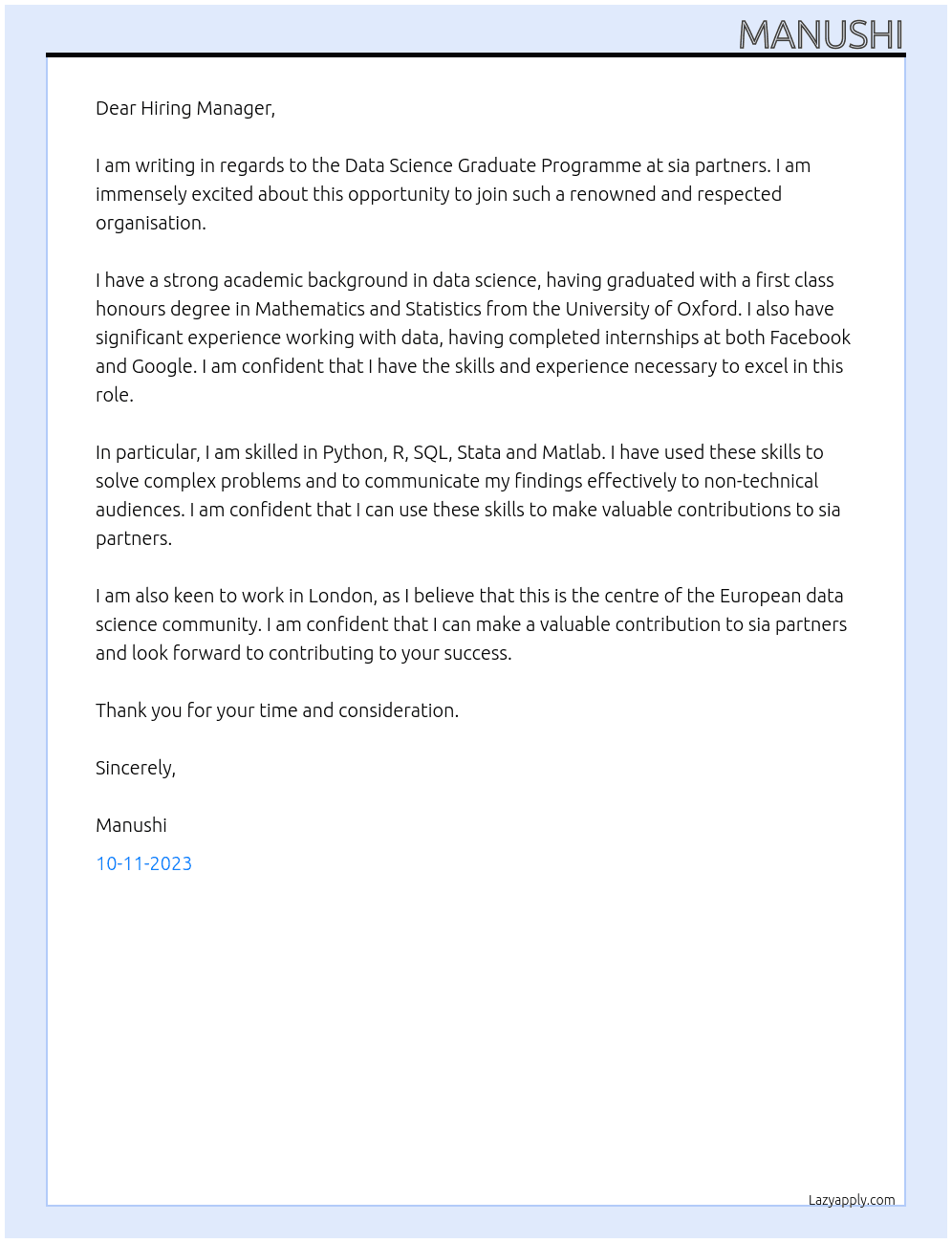 Data Science Graduate Programme At sia partners Cover Letter