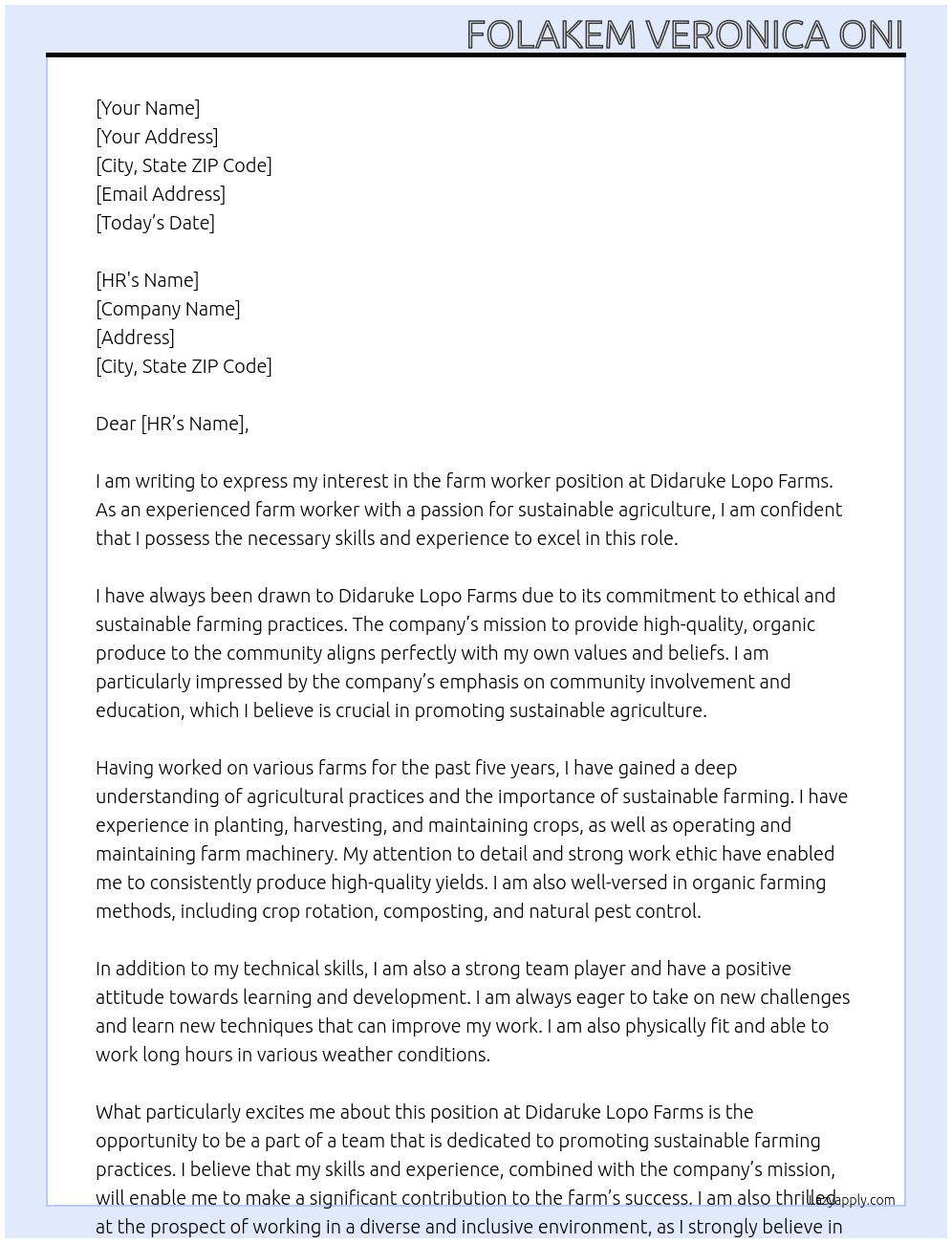 farm worker At Didaruke Lopo Farms Cover Letter