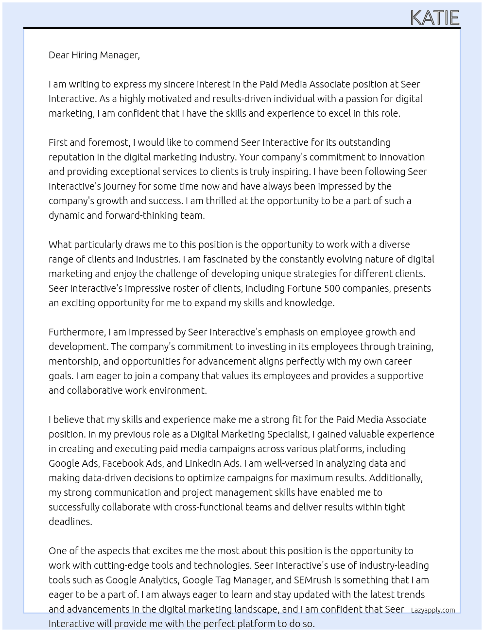 Paid Media Associate  At Seer Interactive  Cover Letter