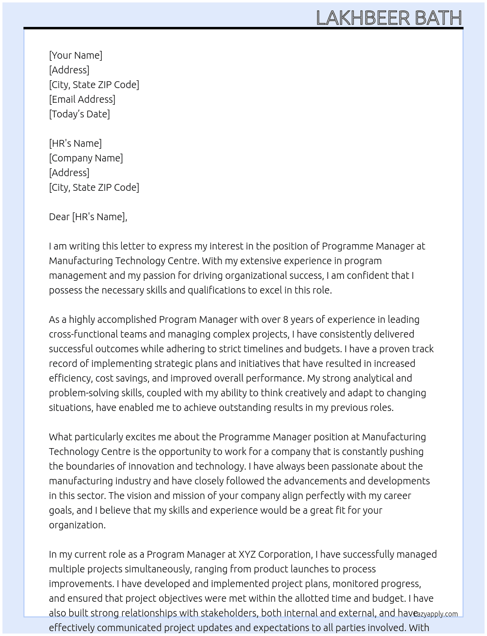 Programme Manager  At Manufacturing Technology Centre Cover Letter