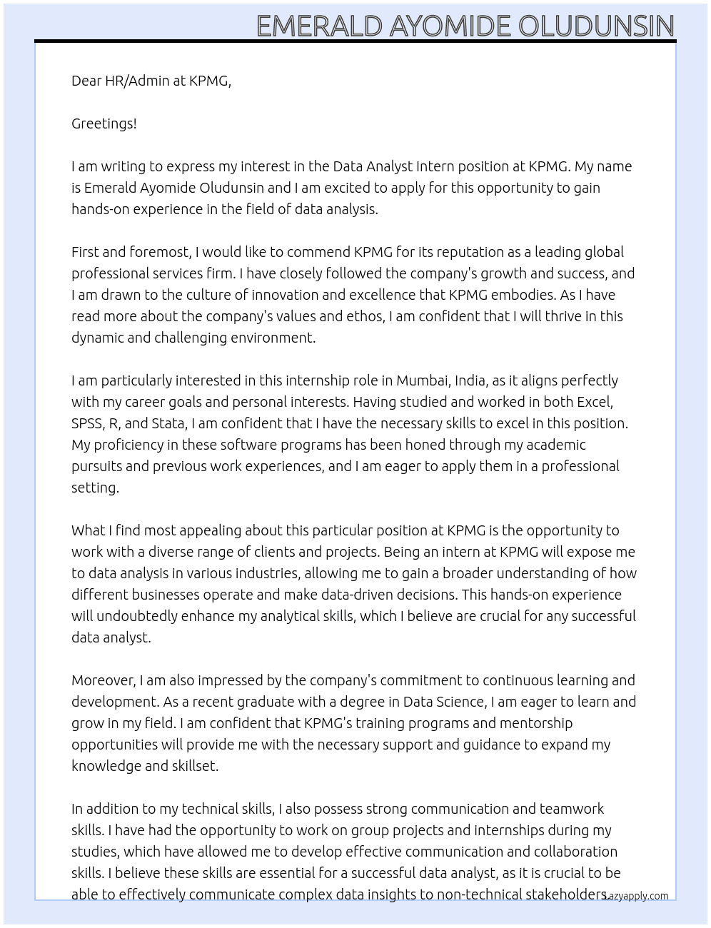 data analyst intern At kpmg Cover Letter