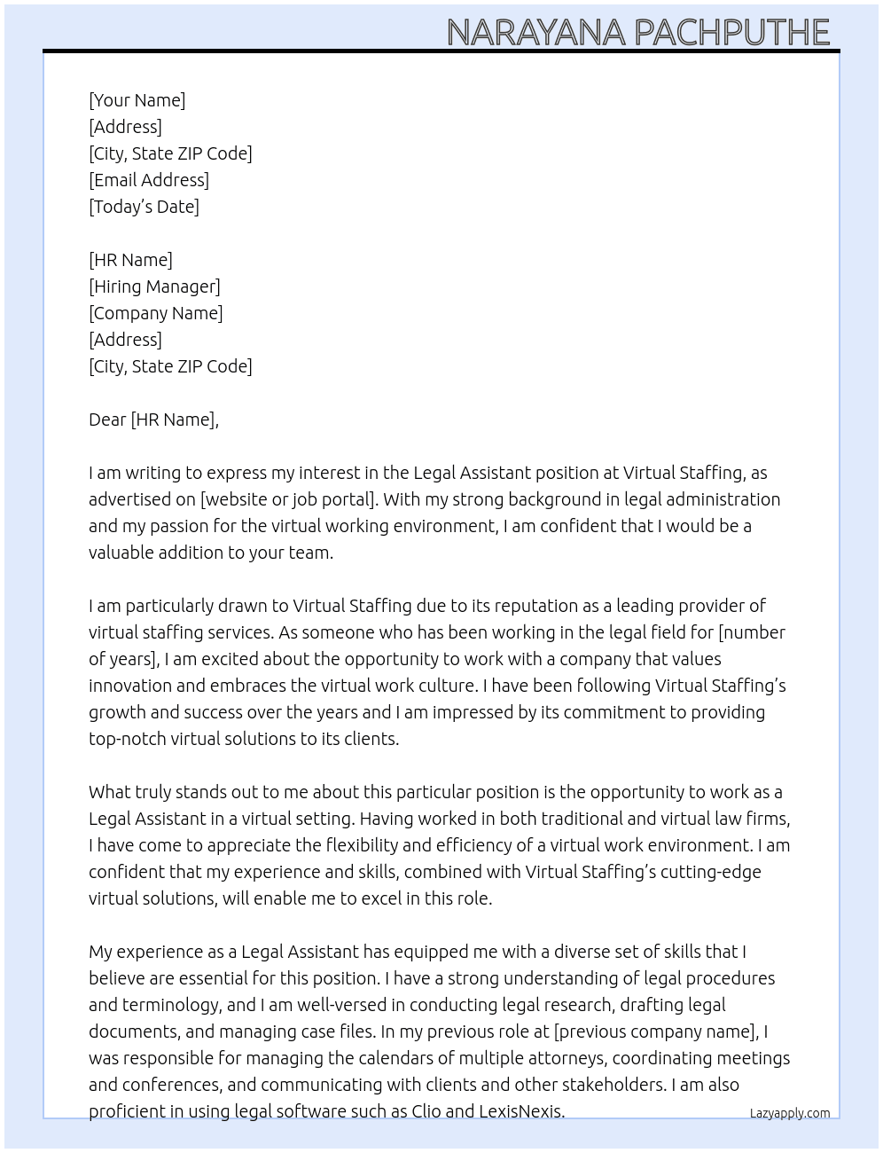 Legal assistant  At Virtual staffing  Cover Letter