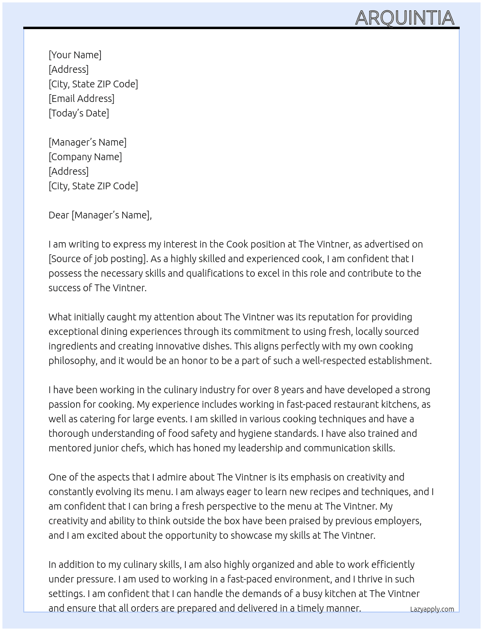 Cook At The Vintner Cover Letter